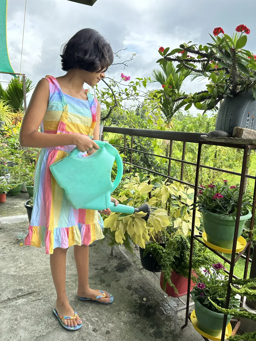 Our daughter in a striped dress, watering a shelf of potted plants with a green watering can.